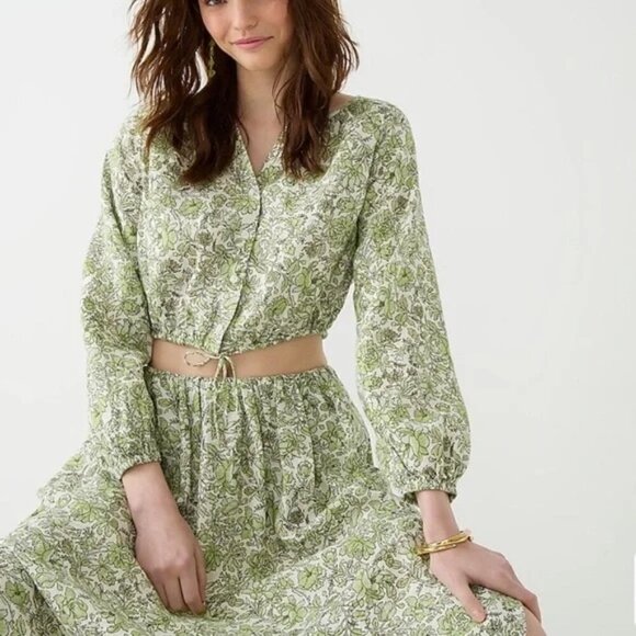 NWT J.Crew Long Sleeve Tossed Floral Linen Cropped Top and Linen Skirt Set 8/L - Picture 1 of 12